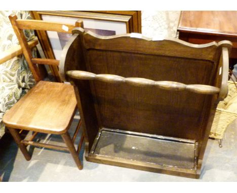 Wooden stick stand, childs chair and wicker magazine rack and fire screen 