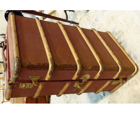 Large wood bound luggage trunk