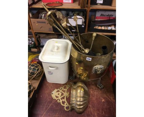 An enamel bread bin, a brass coal bucket and fire tongs etc.