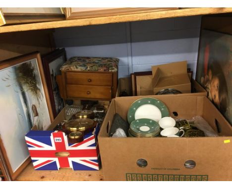 A shelf of assorted, to include a sewing box and silver plate etc.