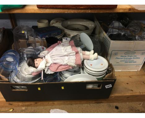 A shelf of assorted, to include a porcelain doll and glass ware etc.