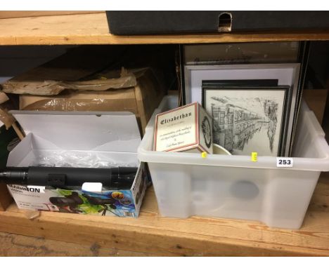 A shelf of assorted, to include Maginon Vision Spotting Scope etc.