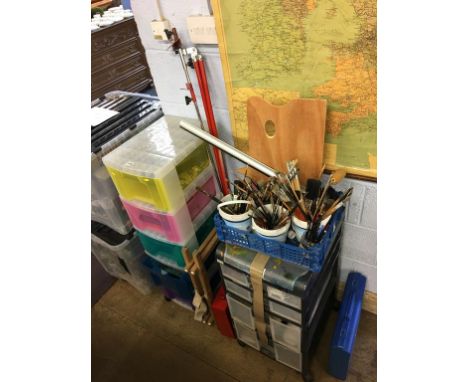 A quantity of Artists materials including brushes, easel etc.