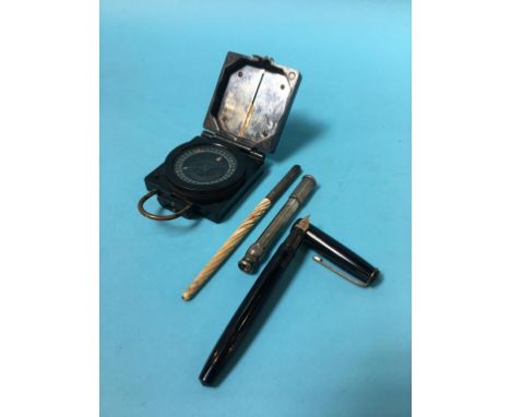 A Military compass, a Parker Victory pen with 14ct nib, a silver propelling pencil etc.