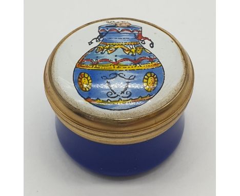 Miniature pill box with enamel top, made by Crummles, 2.5cm diameter approx 