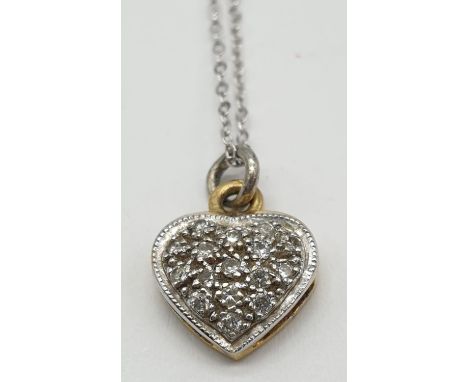 18ct gold diamond set heart shaped pendant set on 46cm long 9ct gold chain, weight 1.87g approx 