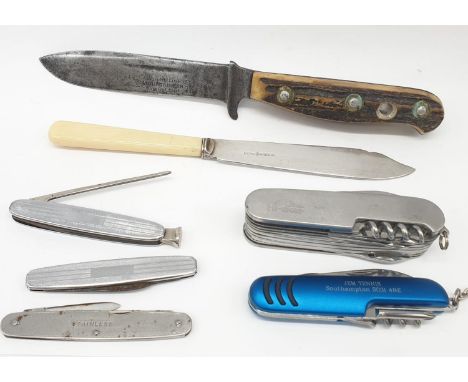 A collection of 7 vintage knives including a Mountaineer Trophy bone handled sheath knife, silver plated bone handled cake kn