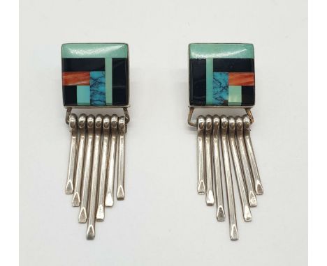 Enamel and silver earrings, weight 14.2g 