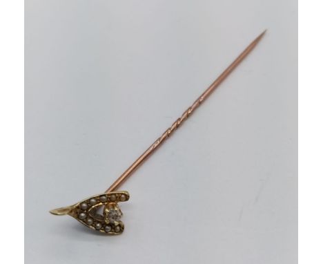 Antique 15ct yellow gold stick pin with seed pearls and diamond wishbone, 6cm long and weight 1.1g, comes in original Braving
