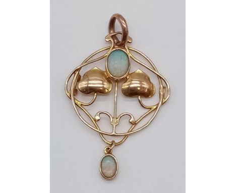 15ct gold Edwardian pendant with opal stone and opal drop, 3.5cm long and weight 2.14g 