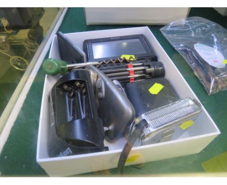 TRAVEL ALARM CLOCK, SAT NAV (NO CHARGER), BATTERY CHARGER AND OTHER SMALL HOUSEHOLD ITEMS