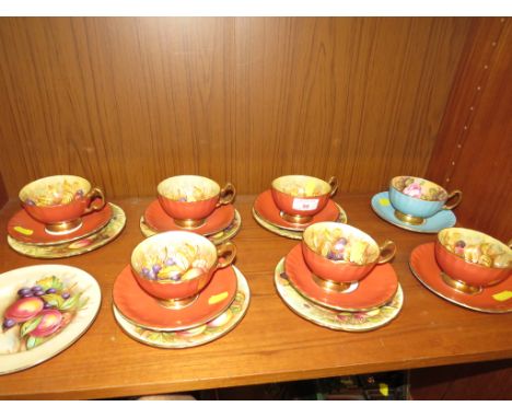 SELECTION OF AYNSLEY CHINA TEA CUPS SAUCERS AND SIDE PLATES DECORATED WITH FRUIT