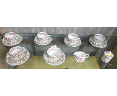 SIX MINTON HADDON HALL TEA CUPS SAUCERS AND SIDE PLATES, TOGETHER WITH MILK JUG AND LIDDED SUGAR POT
