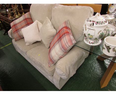 BEIGE UPHOLSTERED TWO-SEATER SOFA WITH SCATTER CUSHIONS