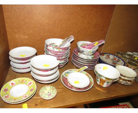 ONE SHELF OF FAR EASTERN CHINA BOWLS, CUPS, DISHES, RICE SPOONS, ETC (A/F)