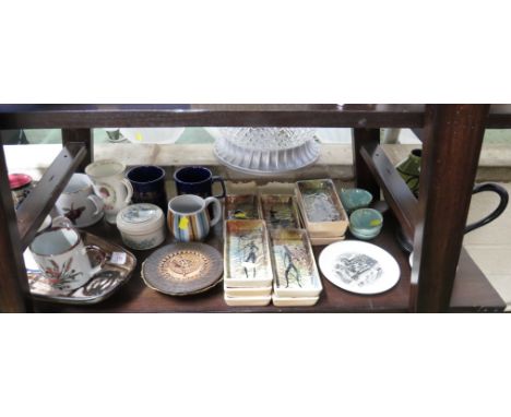 ONE SHELF OF CERAMICS INCLUDING MUGS, DISHES AND DARTMOUTH POTTERY JUG