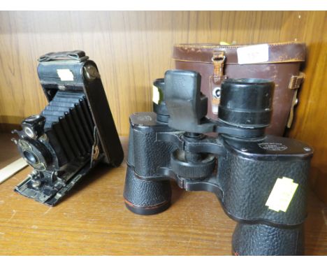KODAK FOLDING CAMERA, TOGETHER WITH A PAIR OF ROSS FROM LONDON BINOCULARS TOGETHER WITH CASE