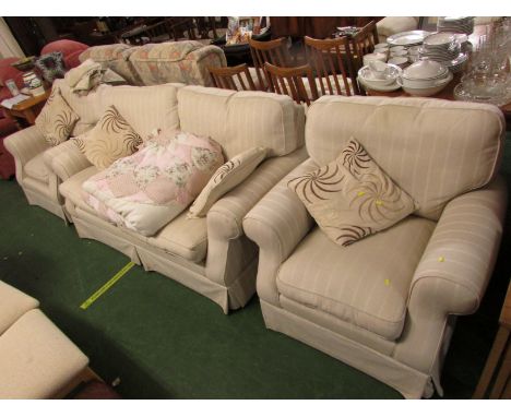 STRIPED BEIGE UPHOLSTERED TWO-SEATER SOFA, AND PAIR OF MATCHING ARMCHAIRS