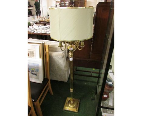 BRASS FOUR-BRANCH STANDARD LAMP WITH A CREAM CYLINDRICAL SHADE (NEEDS REWIRING)