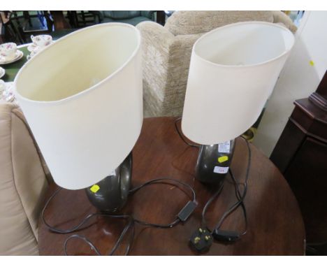 PAIR OF DUNELM CERAMIC HOOP TABLE LAMPS WITH ELONGATED CREAM SHADES