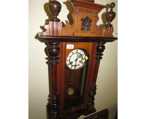 MAHOGANY CASED CHIMING WALL CLOCK WITH ENAMEL DIAL AND ROMAN CHAPTER