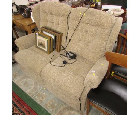 BEIGE BUTTON BACK UPHOLSTERED ELECTRIC RECLINING TWO-SEATER SOFA