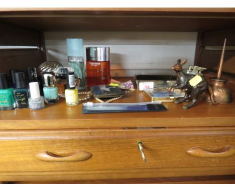 SELECTION OF BOTTLED FRAGRANCES, CIGARETTE CASE, TABLE LIGHTER, AND OTHER ITEMS (ONE SHELF)