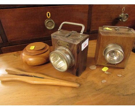 A R BAINES VINTAGE BICYCLE LAMP, EVEREADY VINTAGE LAMP, TURNED WOODEN BOWL AND A PAIR OF GLOVE STRETCHERS