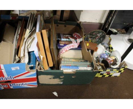 THREE BOXES OF SUNDRIES TO INCLUDE A METRONOME, CHINA, BOOKS PICTURES , MAGAZINES, BOXED LIGHT FITTINGS ETC.