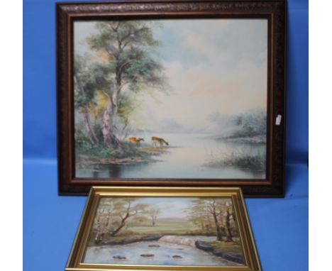 AN OIL ON CANVAS PAINTING DEPICTING CATTLE DRINKING TOGETHER WITH AN OIL ON BOARD DEPICTING A WEIR, SIGNED K. E. WILLIAMS  (2