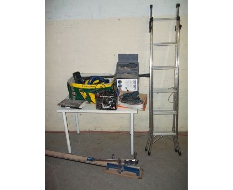 A SELECTION OF BOXED ELECTRIC TOOLS AND ONE ALUMINIUM MULTI FUNCTIONAL STEP LADDER