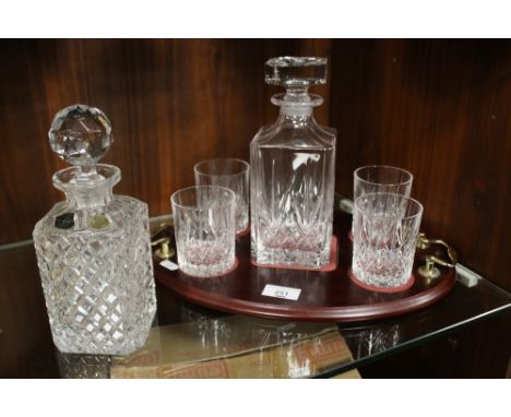 A DECANTER SET AND TUMBLERS ON TRAY AND ONE OTHER DECANTER