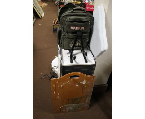 ELEVEN DRAWER STORAGE CHEST ON CASTORS AND WBA SHOULDER BAG CONTAINING DRAWING EQUIPMENT AND STAGG GUITAR STAND