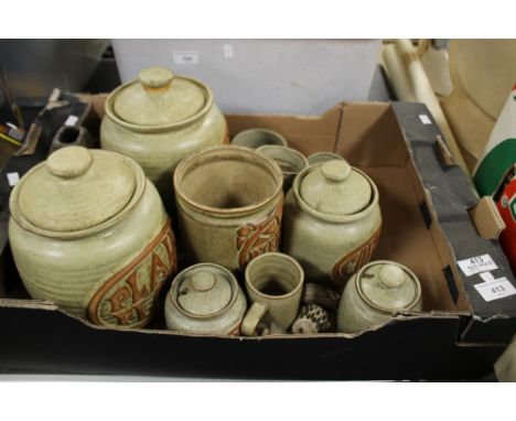 A TRAY OF CERAMIC POTS, FLOUR, COFFEE ETC. SOME LIDDED (TRAY NOT INCLUDED)