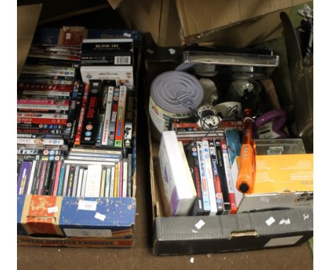 TWO BOXES OF DVDS, CDS, ORNAMENTS AND SELFIE STICK