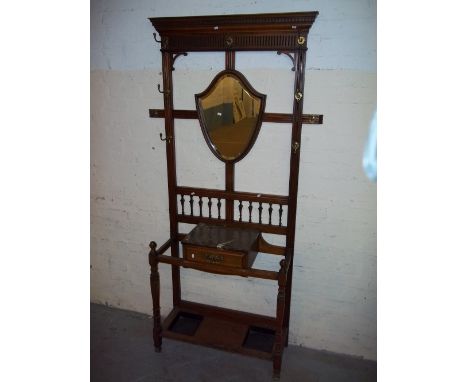 AN EDWARDIAN HALL COAT STAND WITH MARBLE SHELF AND BEVELL EDGED SHIELD MIRROR, W 107 cm, D 34 cm, H 206 cm Cond Report:  No l