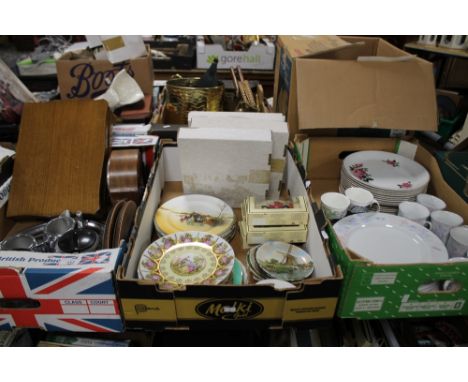 THREE TRAYS OF CERAMICS AND SUNDRIES TO INCLUDE STAINLESS STEEL COFFEE SET AND TRAY, MANTEL CLOCK, CUTLERY TRAY, FIVE BOXED D