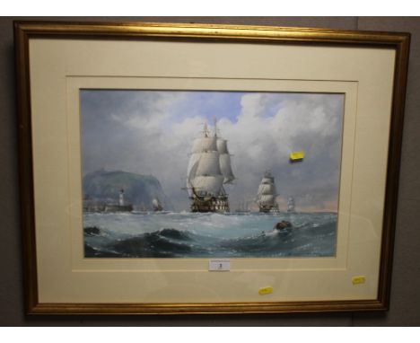 MICHAEL MATTHEWS GOUACHE AND WATERCOLOUR PAINTING OF A SEASCAPE DEPICTING SEVERAL SHIPS UNDER SAIL, SIGNED LOWER RIGHT