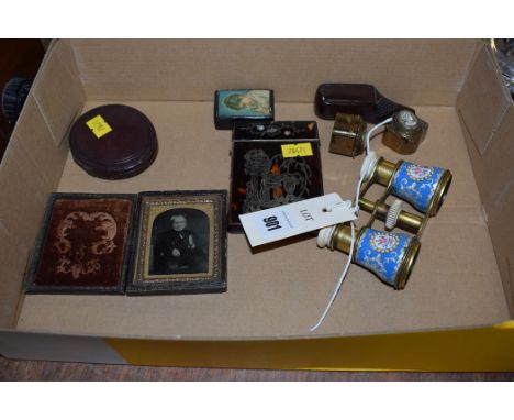 A tortoiseshell card case with inlaid white metal and mother-of-pearl; a pair of opera glasses; Victorian portrait photograph