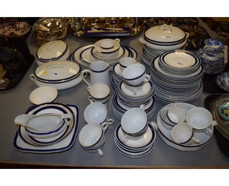 A blue and white ceramic part tea and dinner service, to include: tureens, side plates, dinner plates, cups, saucers, gravy b