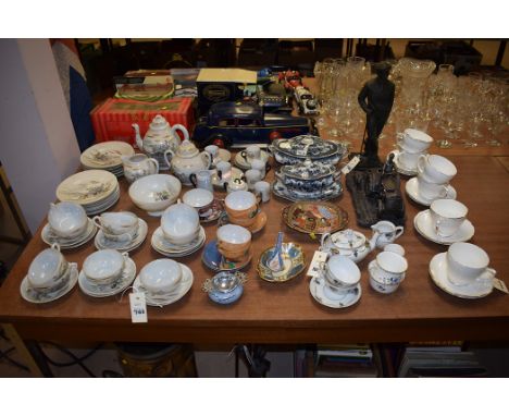 Ceramics, to include: Japanese tea cups and saucers; a Noritake dish; Colwyn tureens; a cast metal figure of a man with a gol