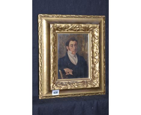 An oil painting, early 19th Century English School - "A bust portrait of a young gentleman wearing a dark coat and high shirt