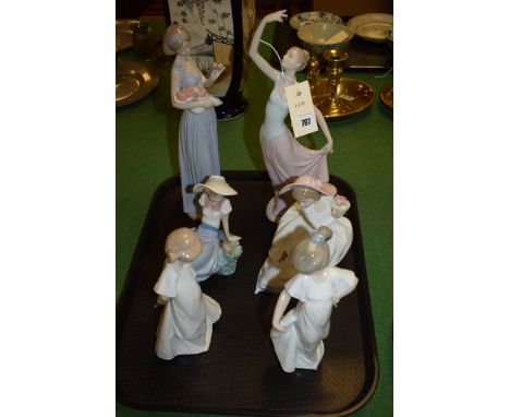 Nao figurines depicting a dancer; ladies with flowers; and girls.  (6)