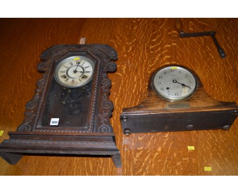 American 19th Century mantle clock in stained wood case, 37cms wide; together with a chiming mantel clock in oak case.