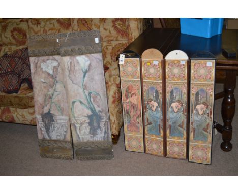 Four Art Nouveau style tile panels, two floral block board panels.
