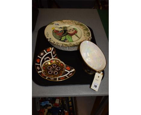 A Carlton ware two-handled oval dish on pedestal base; two Royal Crown Derby dishes; and three Royal Doulton plates, comprisi