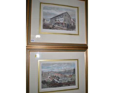 Two hand-coloured woodcut prints - "The Harbour of Hong Kong - from an original sketch"; and "Victoria, Hong Kong - Queens Ro