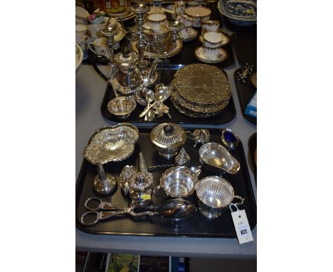 Silver-plated and other metalware, to include: a three-branch candelabra; a teapot; flatware; condiment sets; a tray; and oth