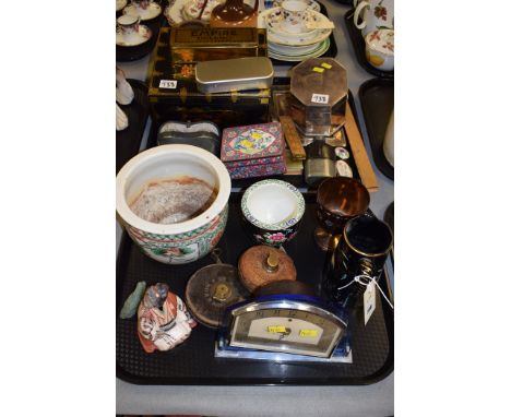 A Smith's mantel clock; tape measures; metalware; ceramic planters; and other items.