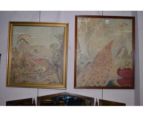 Two Victorian tapestry pictures depicting birds and foliage, one dated 1874.